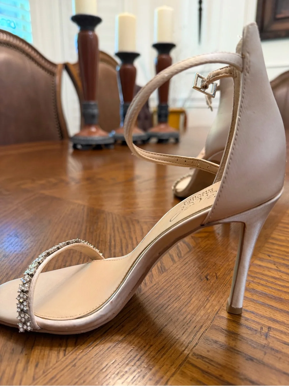 Jewel Badgley Mischka Blush Cream Satin Crystal-Strap Ankle-Heels